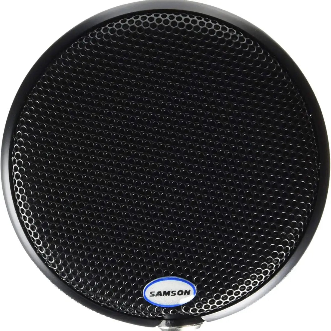 Black Samson microphone pop filter on a white background