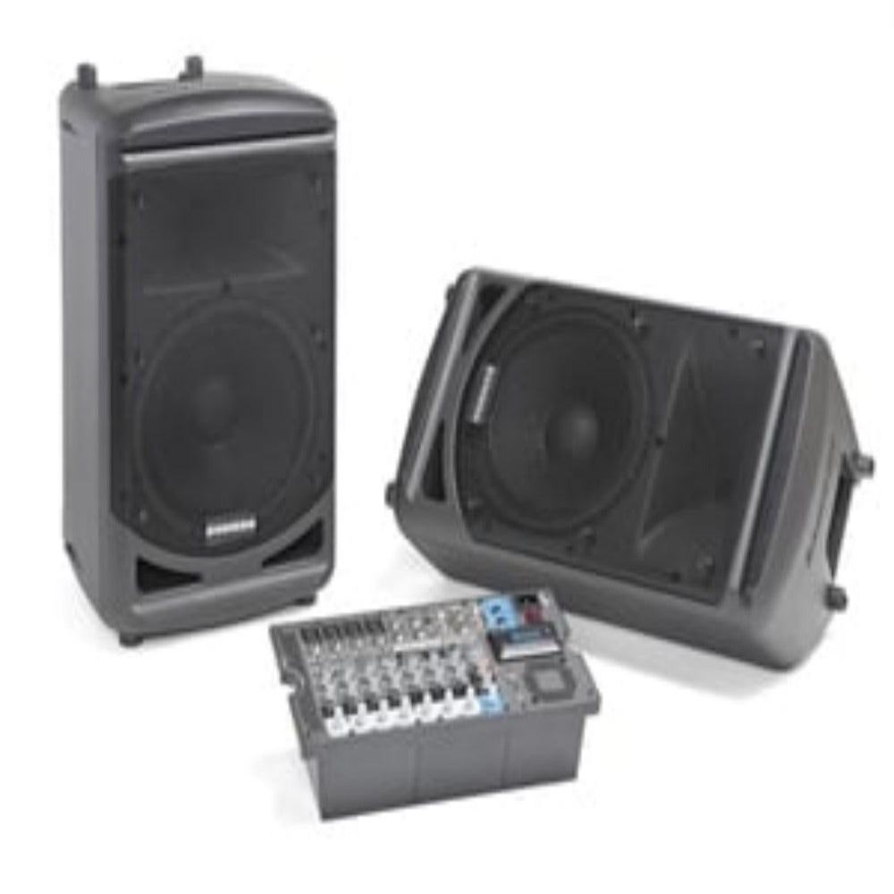 Two speakers and a mixing console on a white background