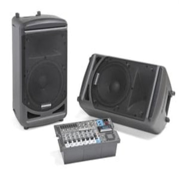 Two speakers and a mixing console on a white background