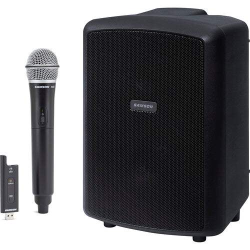 Black speaker with Samson microphone and remote on a white background