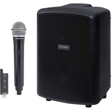 Black speaker with Samson microphone and remote on a white background