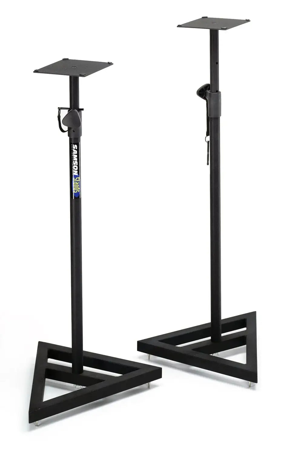Pair of black adjustable monitor stands on a white background