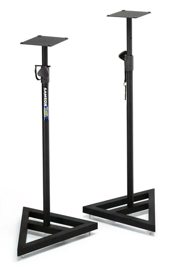 Pair of black adjustable monitor stands on a white background
