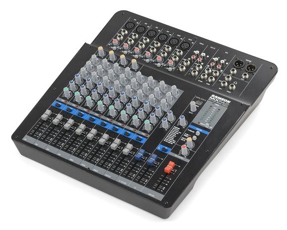 Sound mixing console with various knobs and buttons on a white background