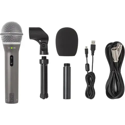 Set of microphones and audio accessories on a white background