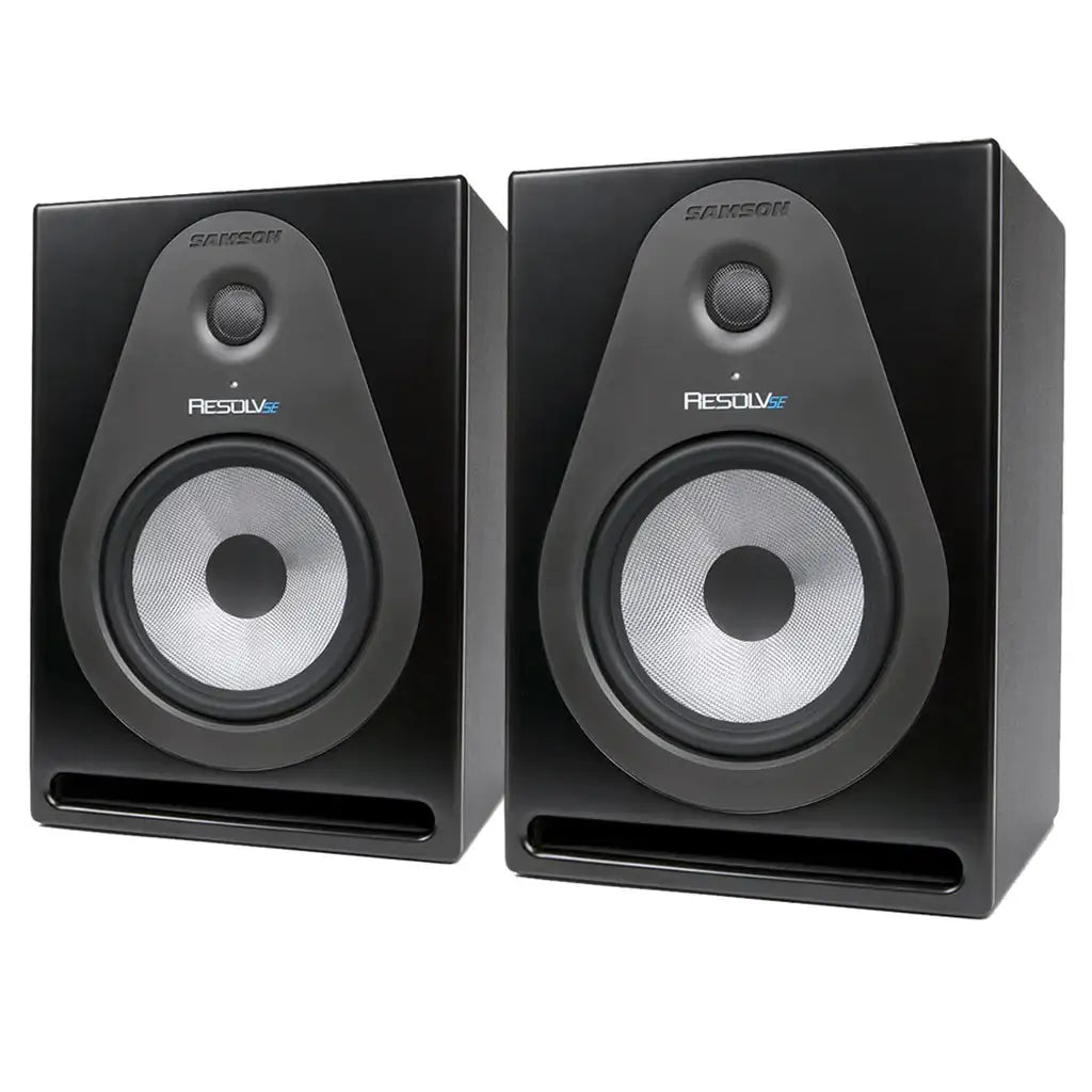 Pair of black speakers with Resolvet logo on a white background