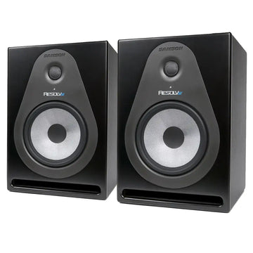 Pair of black speakers with Resolvet logo on a white background