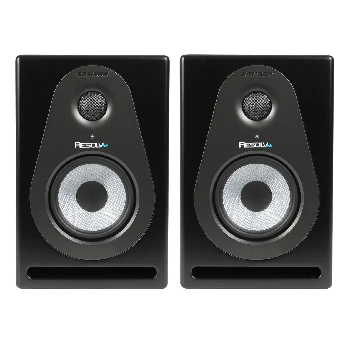 Pair of Samson Resolve 5 studio monitors on a white background