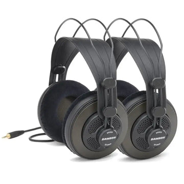 Pair of black Samson headphones with a cable on a white background
