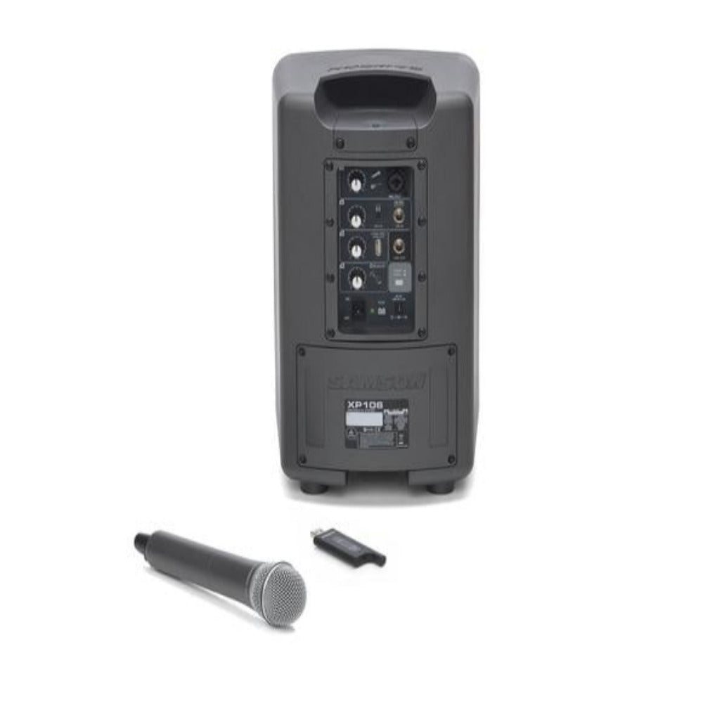 Black portable speaker with a microphone  on a white background