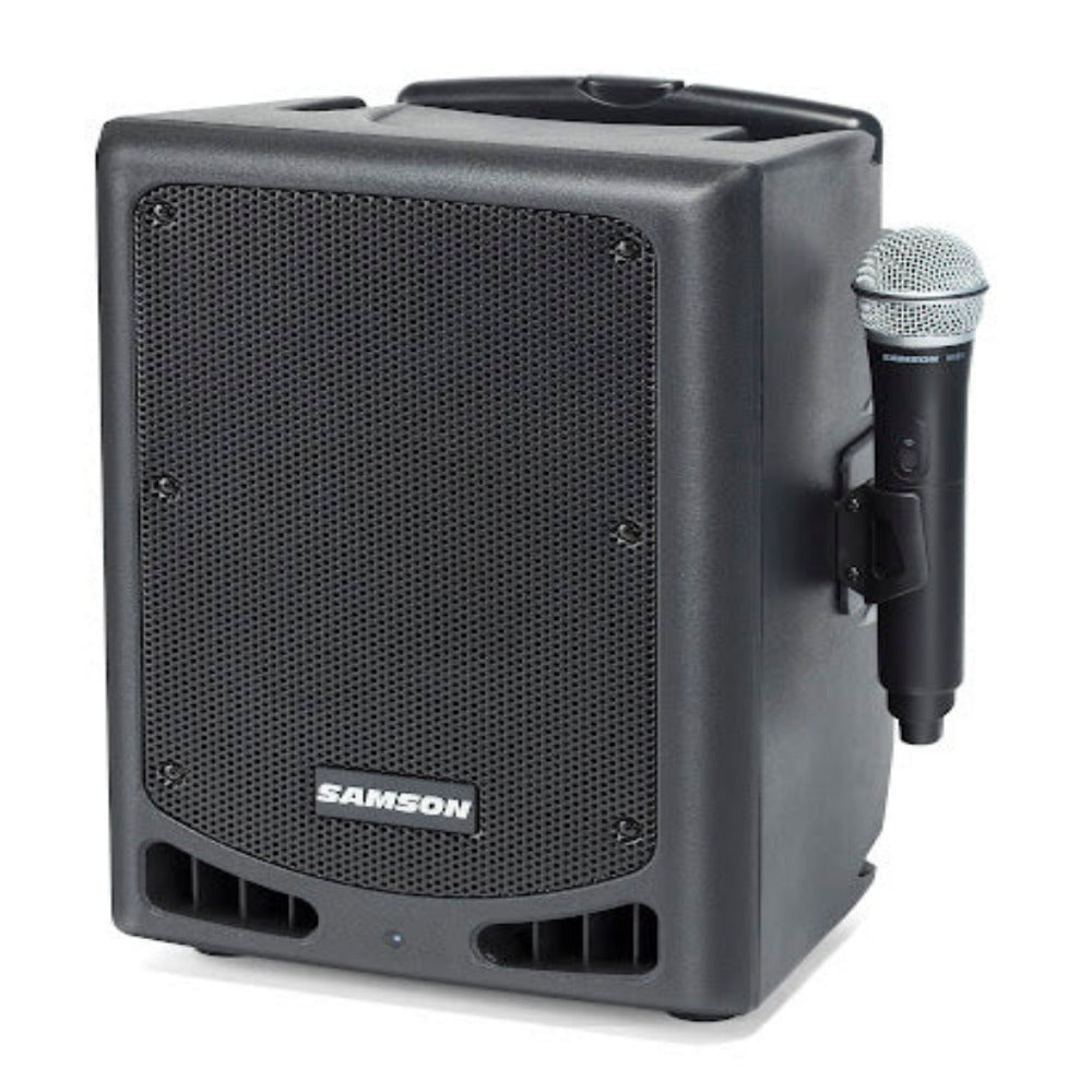 Samson portable speaker with a microphone attached.