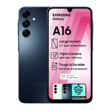 Samsung Galaxy A16 smartphone with features displayed on a pink screen