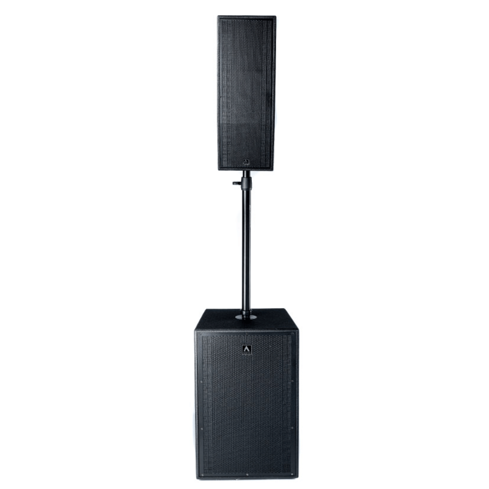 Black speaker system with stand on a white background