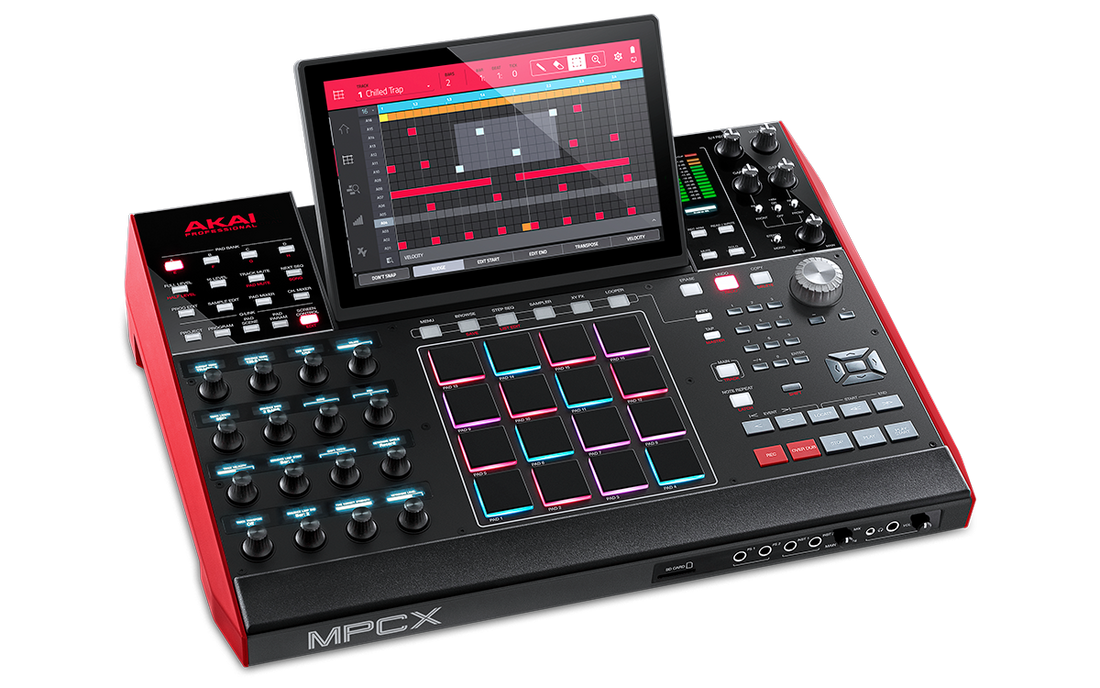 Music production controller with screen and buttons on a white background
