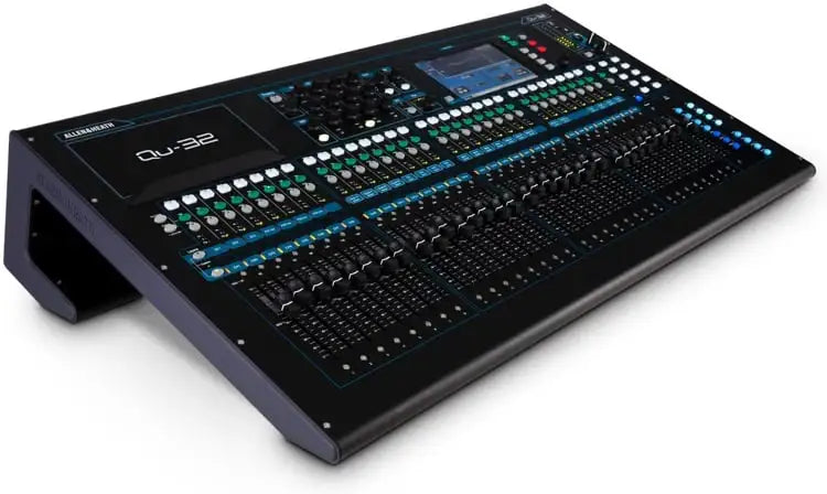 Large audio mixing console with control panels and display on a white background