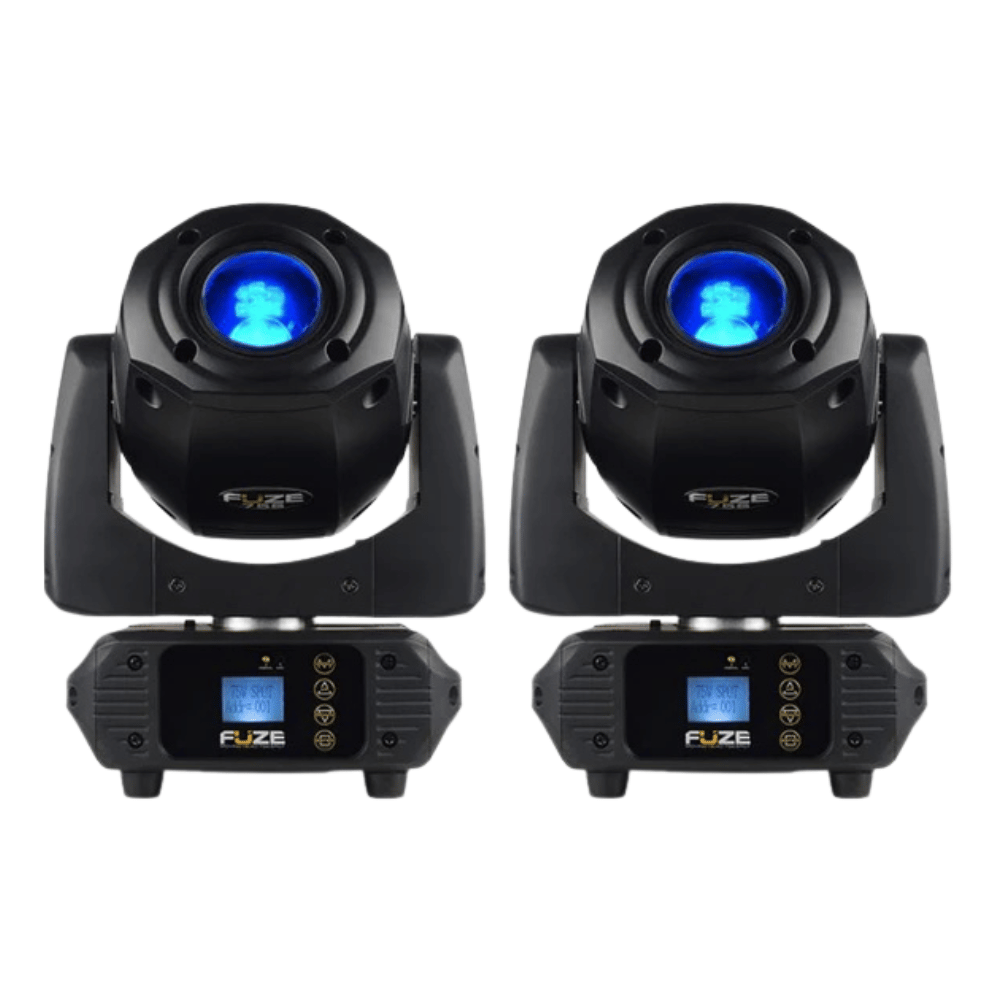 Two black lighting fixtures with blue lights and control panels on a white background