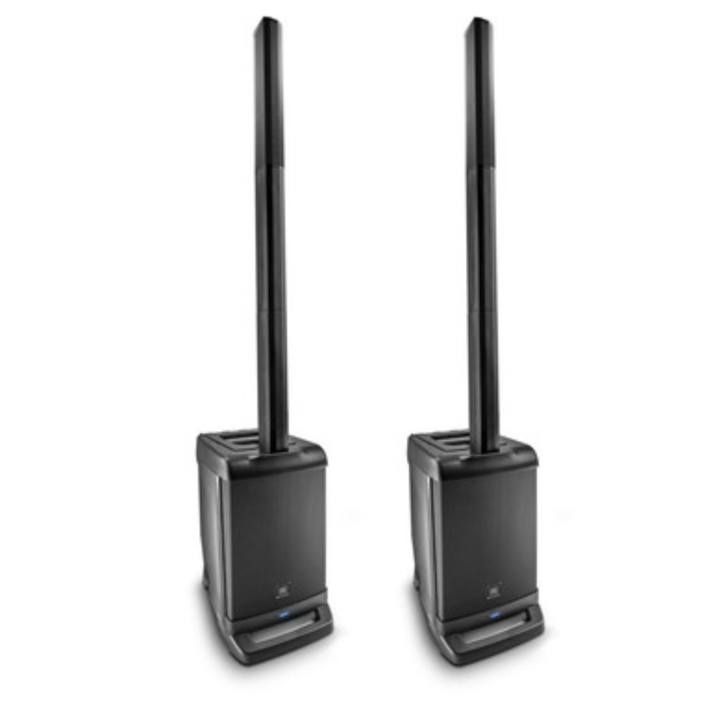 Two black outdoor speakers with antennas on a white background