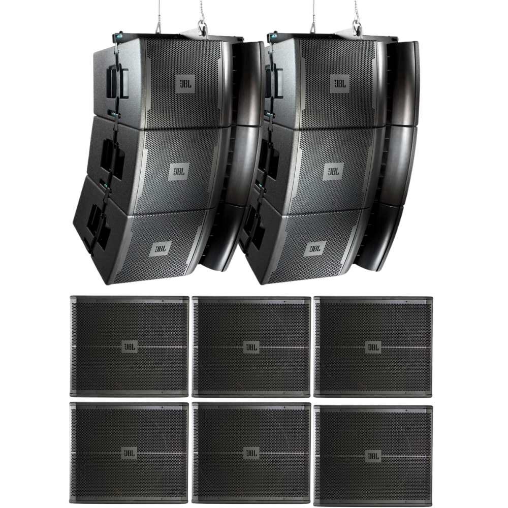 Set of JBL speakers including two large speakers and six subwoofers on a white background