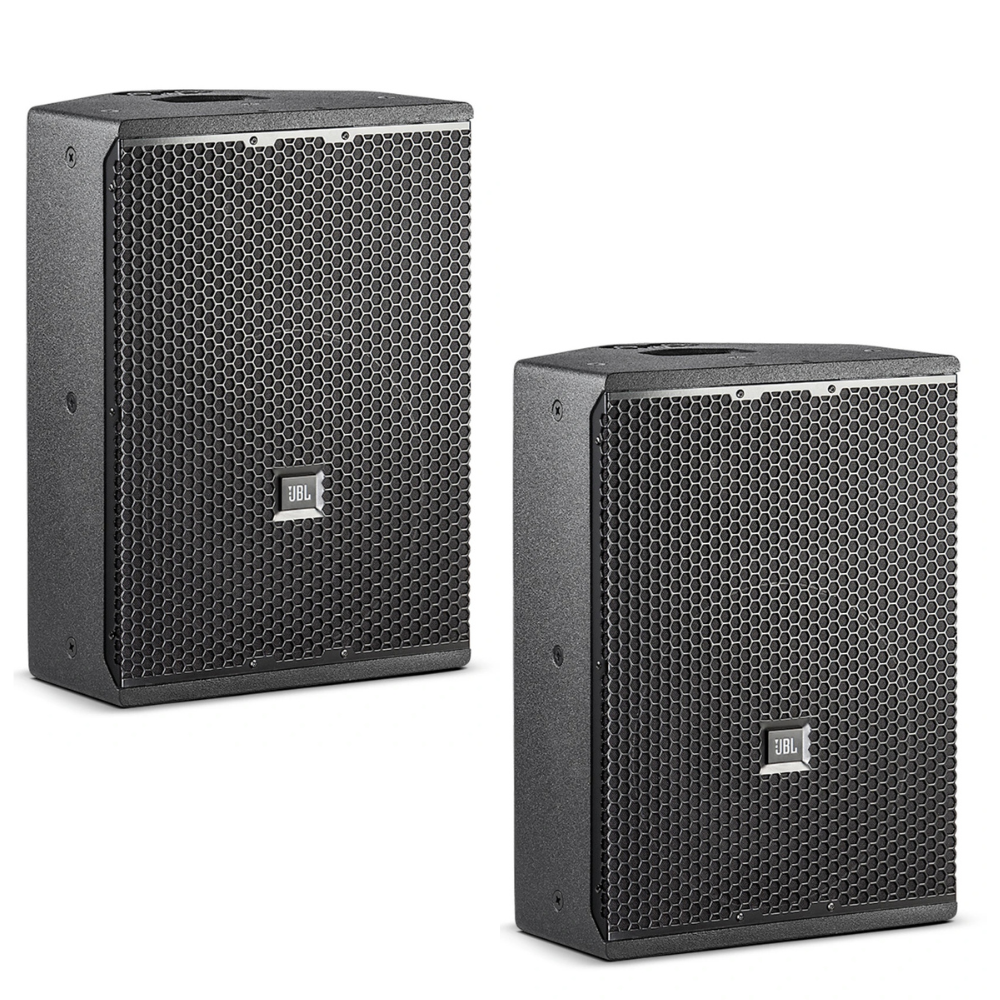 Two black speakers with honeycomb design on a white background