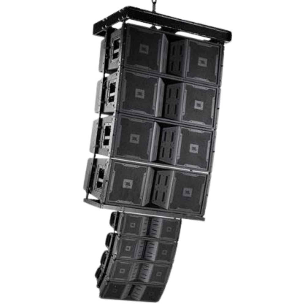 Stack of black audio speakers on a white background