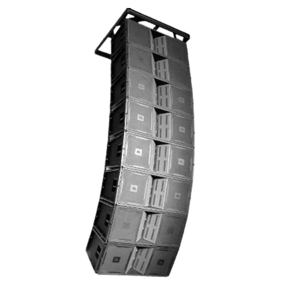 Stack of black audio speakers on a white background