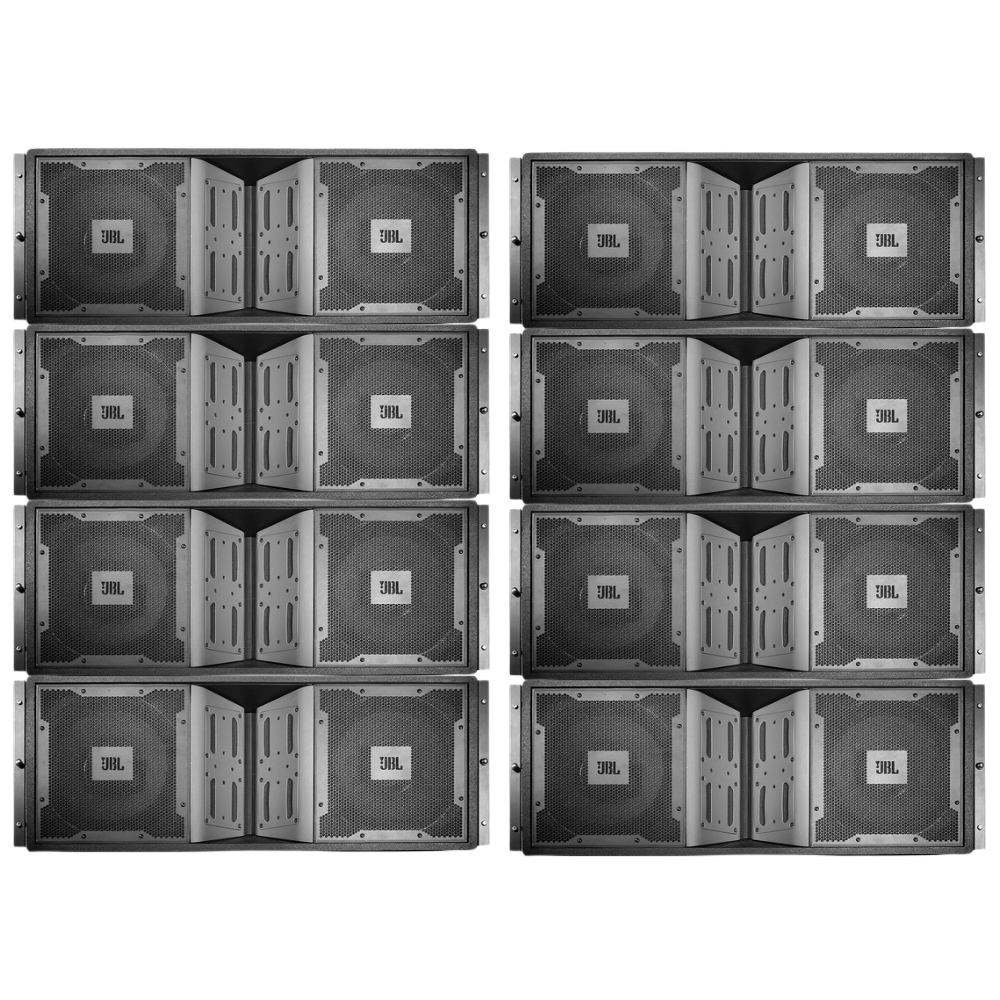 Multiple JBL speakers arranged in a grid on a white background