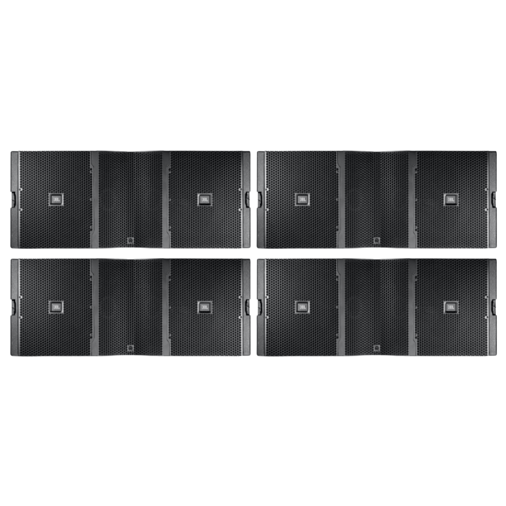 Four black speaker systems arranged in a row on a white background