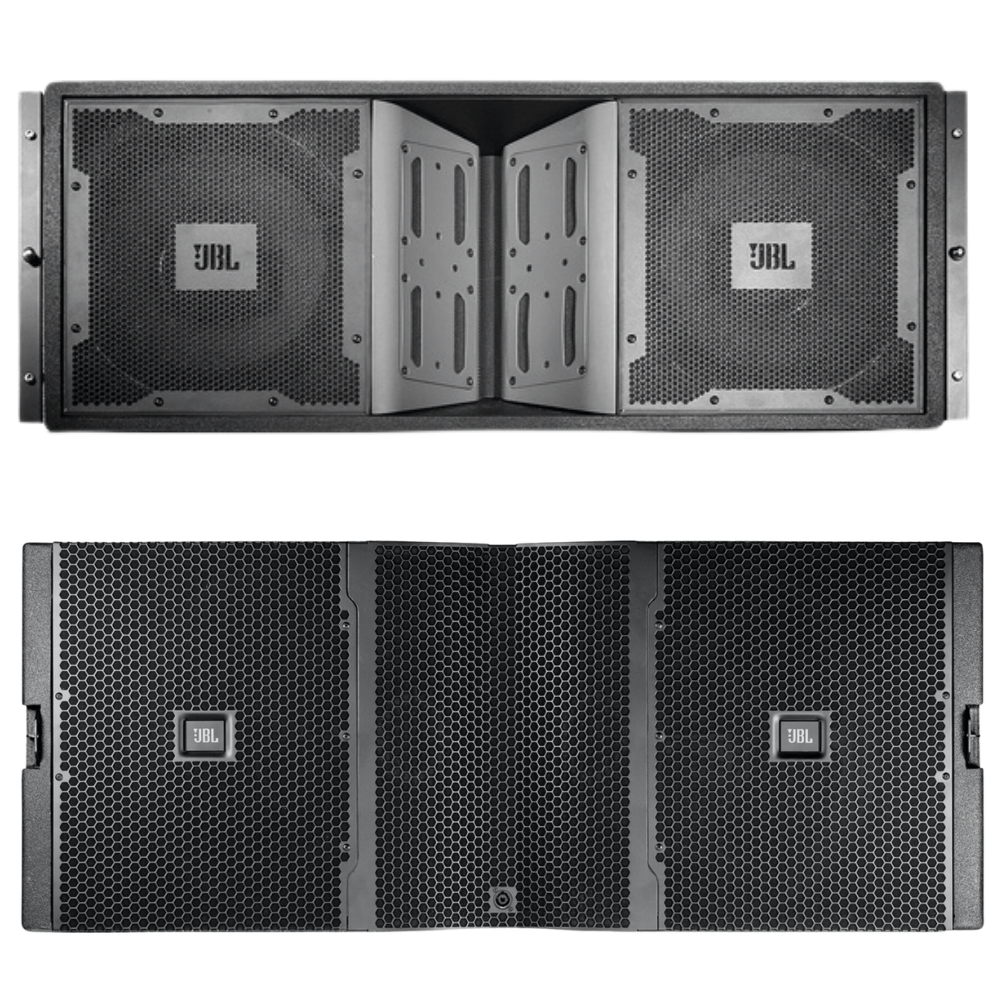 Pair of JBL speakers with open and closed configurations on a white background