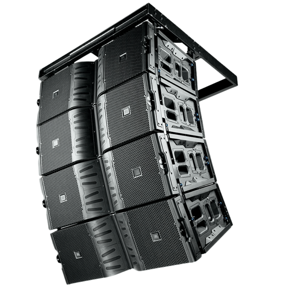 Stack of black audio speakers on a white background