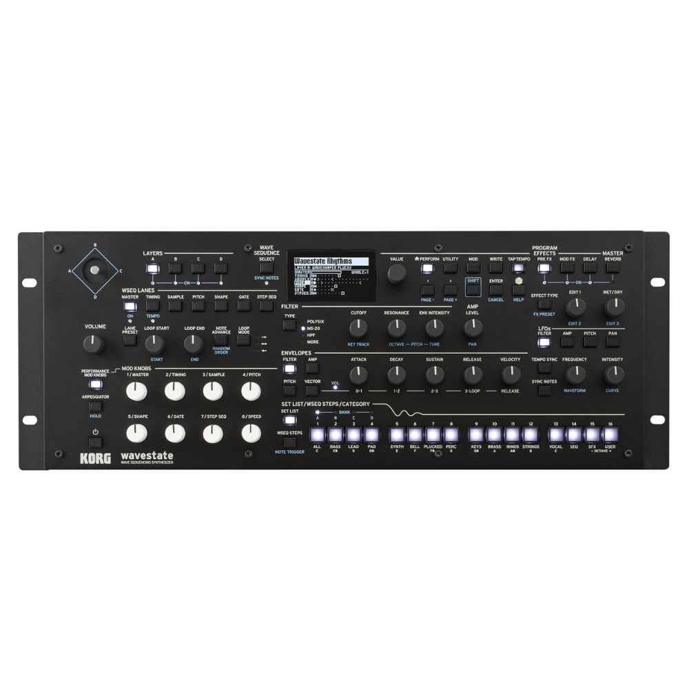 Black Korg synthesizer on a white background