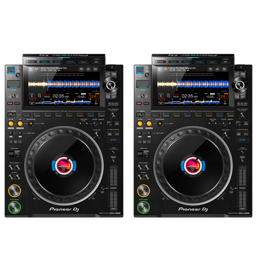Two Pioneer DJ CDJ-2000 digital DJ players on a white background