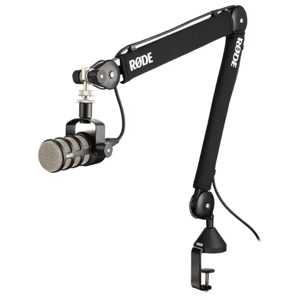 Rode microphone with adjustable arm on a white background