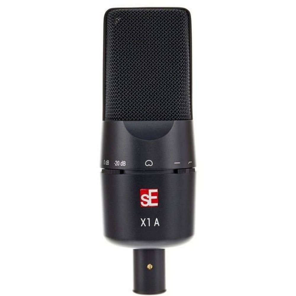 Black condenser microphone with visible brand logo on a white background