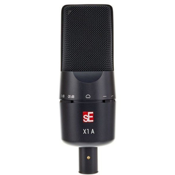Black condenser microphone with visible brand logo on a white background
