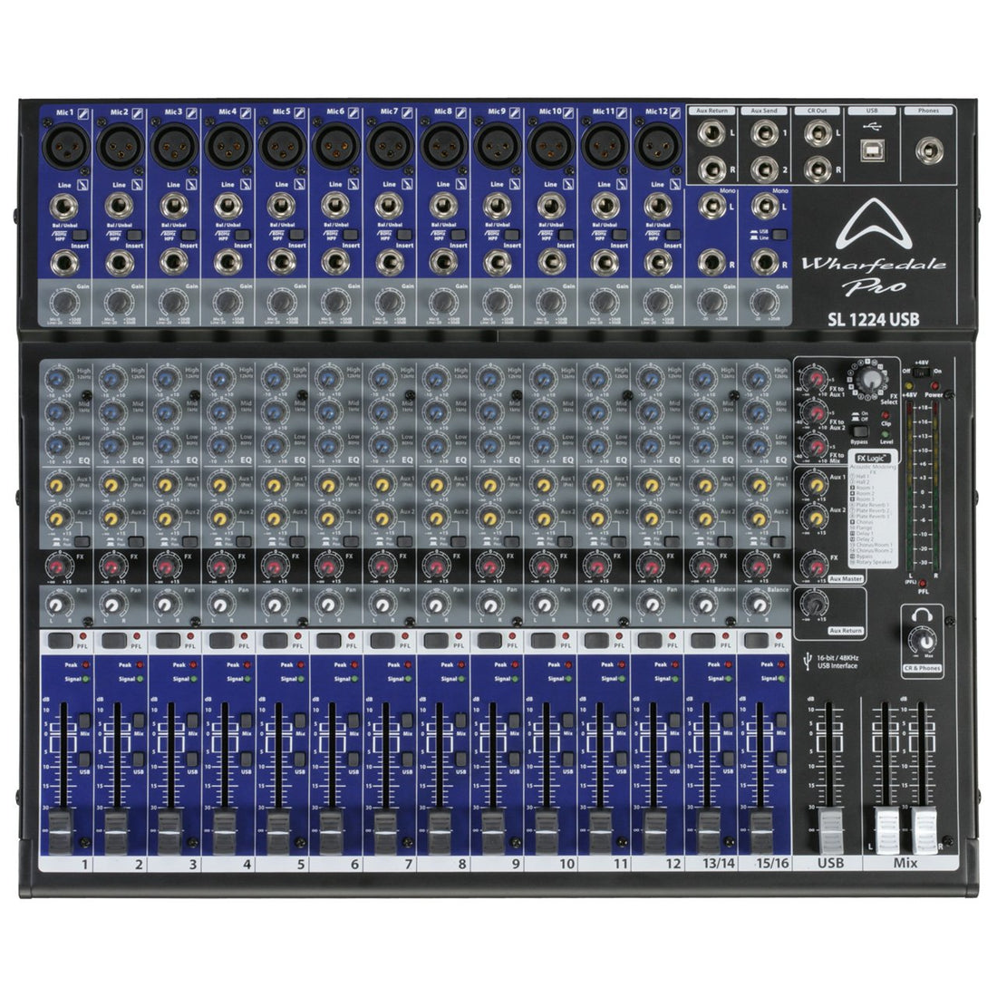 Sound mixing console with blue and gray panel on a white background