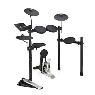 Electronic drum set with various drums and a stand on a white background