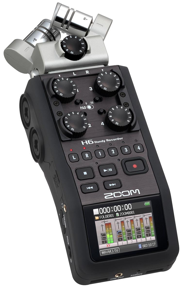 Handheld Zoom H6 audio recorder with a white background