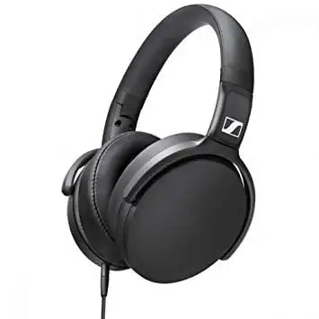 Black headphones with Sennheiser logo on a white background