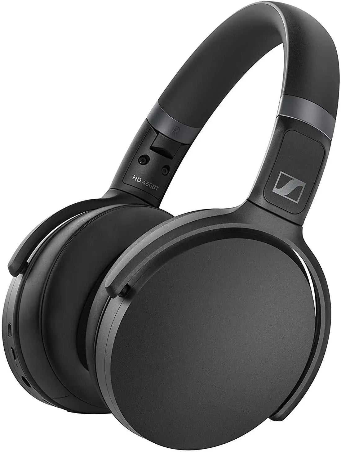 Black headphones with Sennheiser logo on a white background