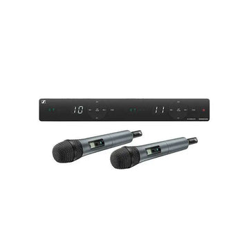 Two wireless microphones with a receiver on a white background