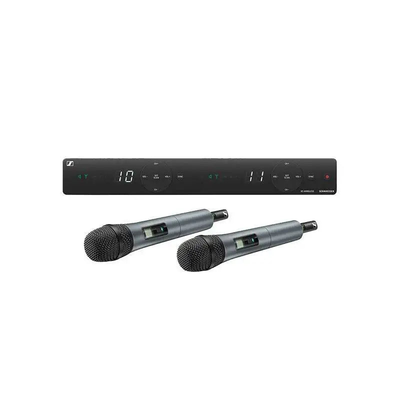 Two wireless microphones with a receiver on a white background