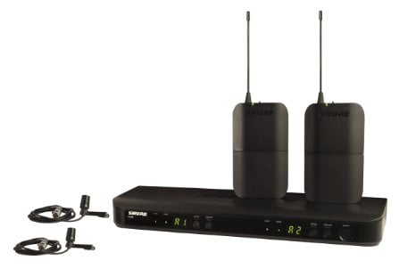 Wireless microphone system with two receivers and a transmitter on a white background