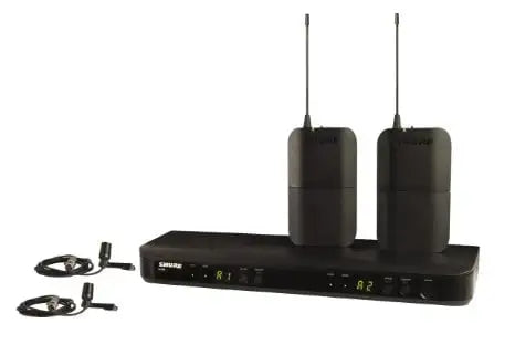 Wireless microphone system with two receivers and a transmitter on a white background