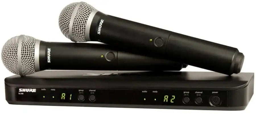 Shure wireless microphone system with receiver on a white background