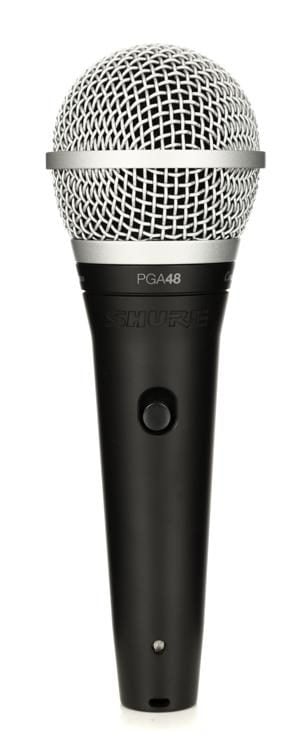 Black microphone with silver grille on a white background