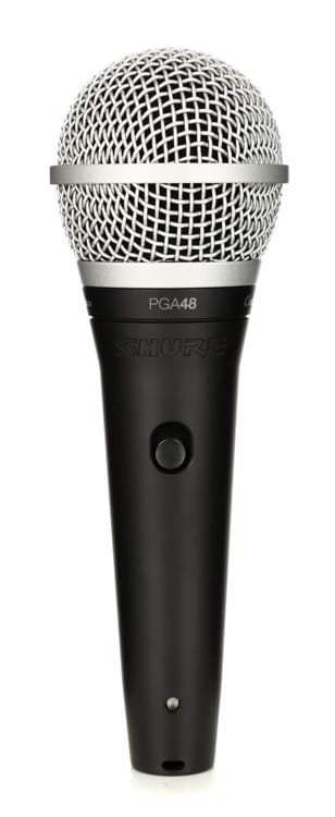 Black microphone with silver grille on a white background