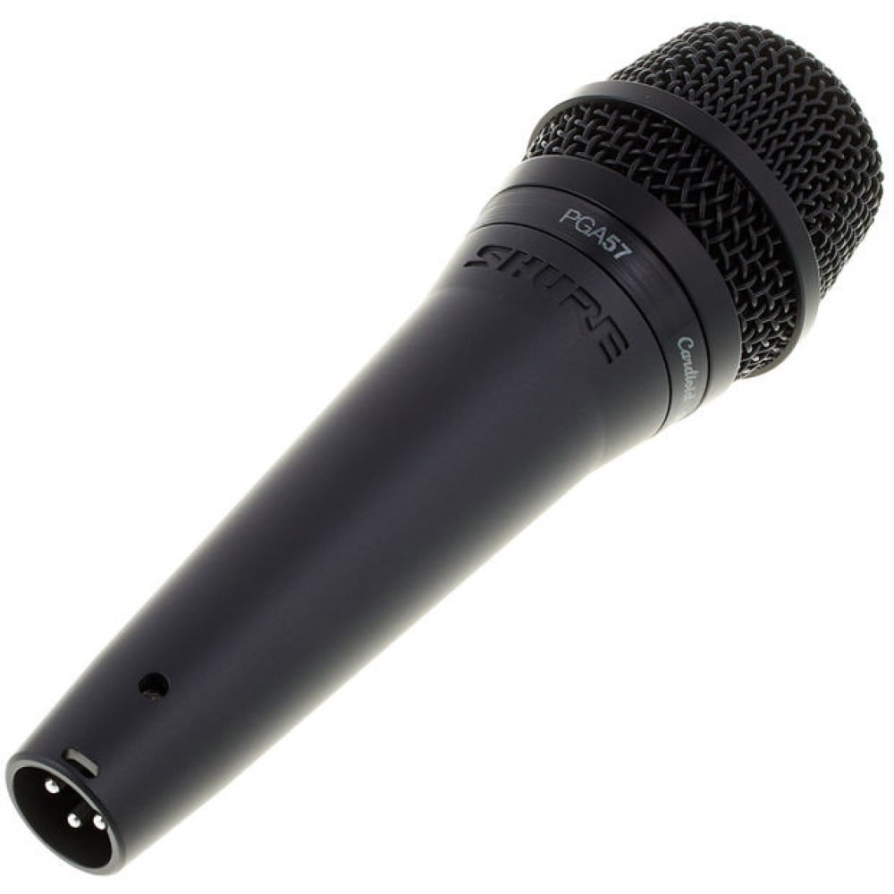 Black microphone with 'Shure' branding on a white background