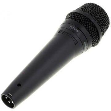 Black microphone with 'Shure' branding on a white background