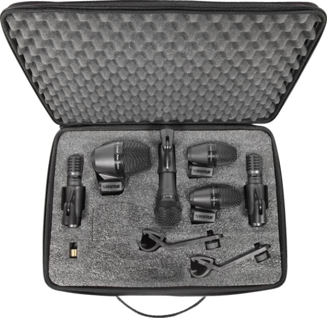 Set of microphones in a foam-lined carrying case on a white background