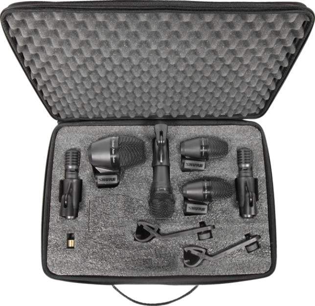 Set of microphones in a foam-lined carrying case on a white background
